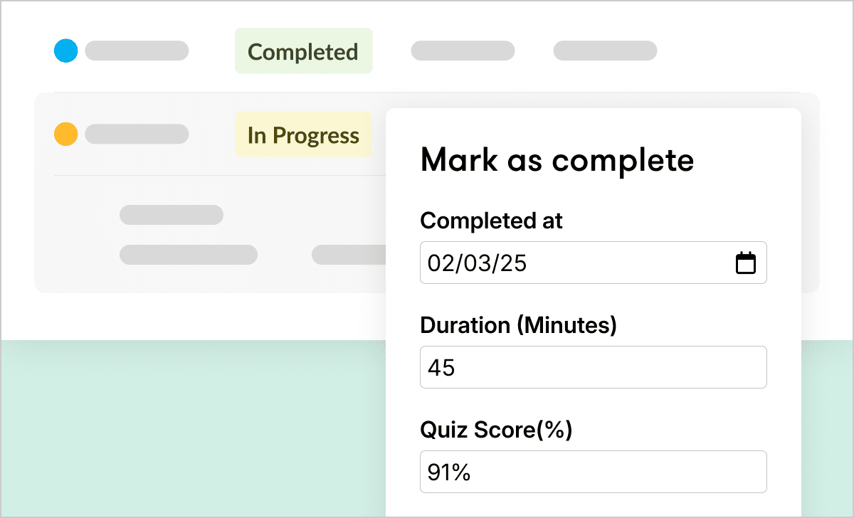 Illustration of the Reach admin interface with the Mark as complete drop-down, to showcase that you can now manually adjust course completion status.