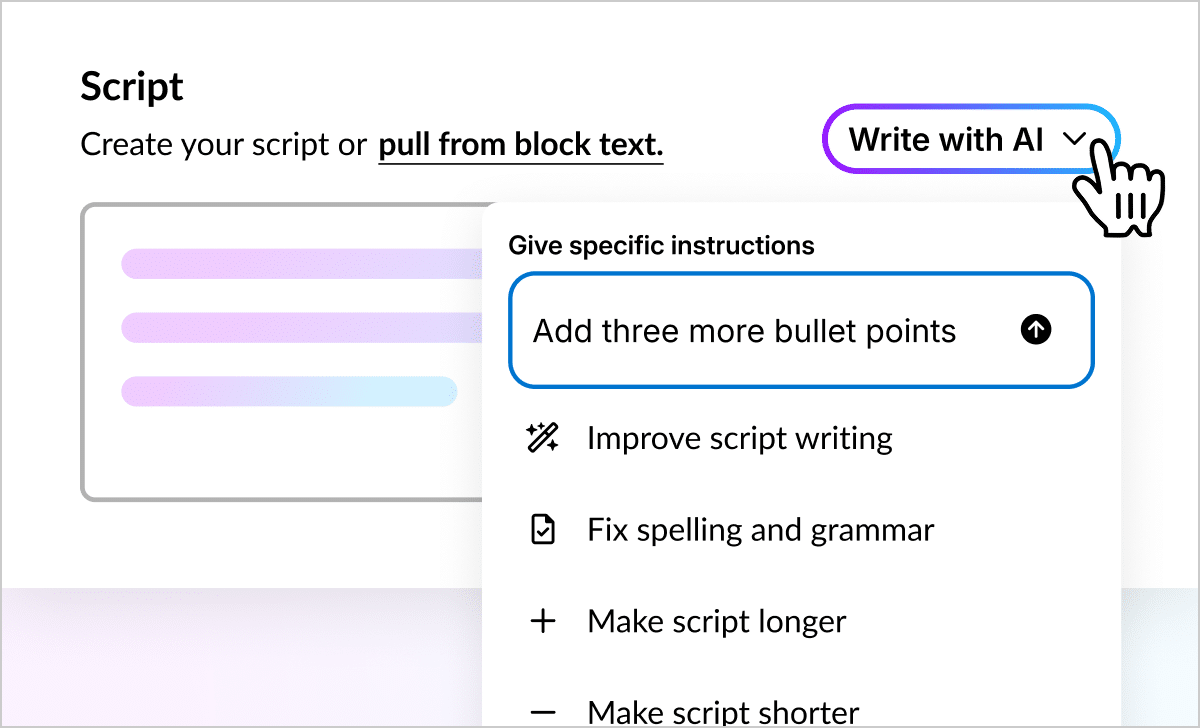 Illustration showing the AI Script Writer window with a cursor pressing the Draft script button to signify that AI is generating a new script.