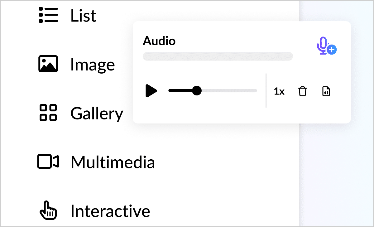 Illustration showcasing expanded audio options for 5 of the 22 additional blocks that now support audio, next to a window showing audio playing.