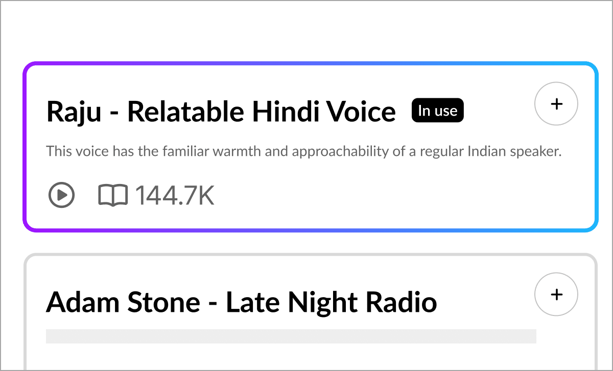 Illustration of the voice library showing the selected voice option and usage count—in this image, 'Relatable Hindu voice' was used 144,700 times.