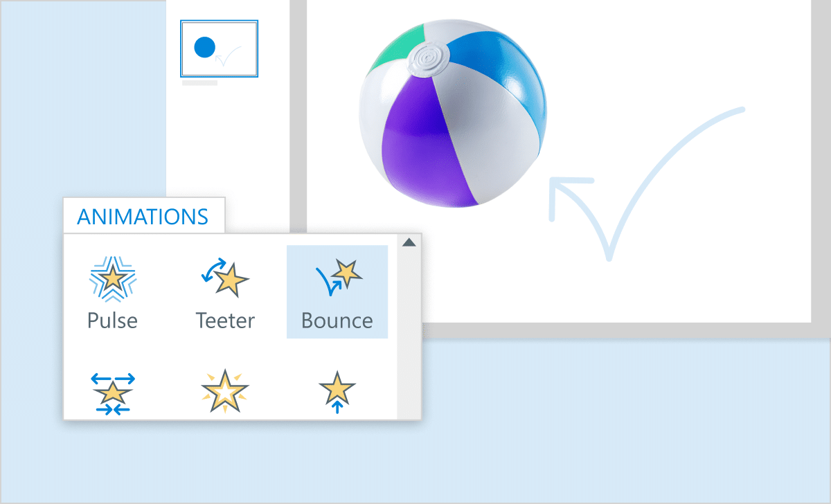 Illustration showing a picture of a beach ball alongside the animation window in Storyline, with the bounce animation option highlighted.