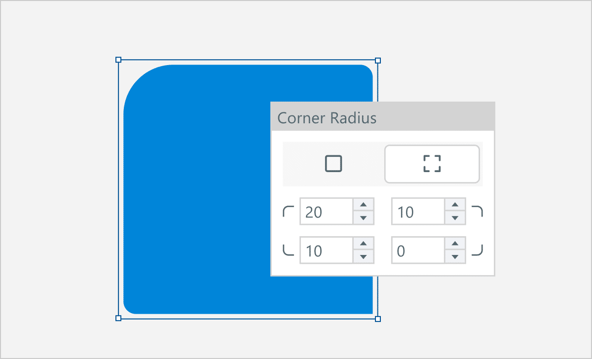 Illustration showing a square with a rounded corner next to the corner radius settings to highlight you can now select the exact number of pixels.
