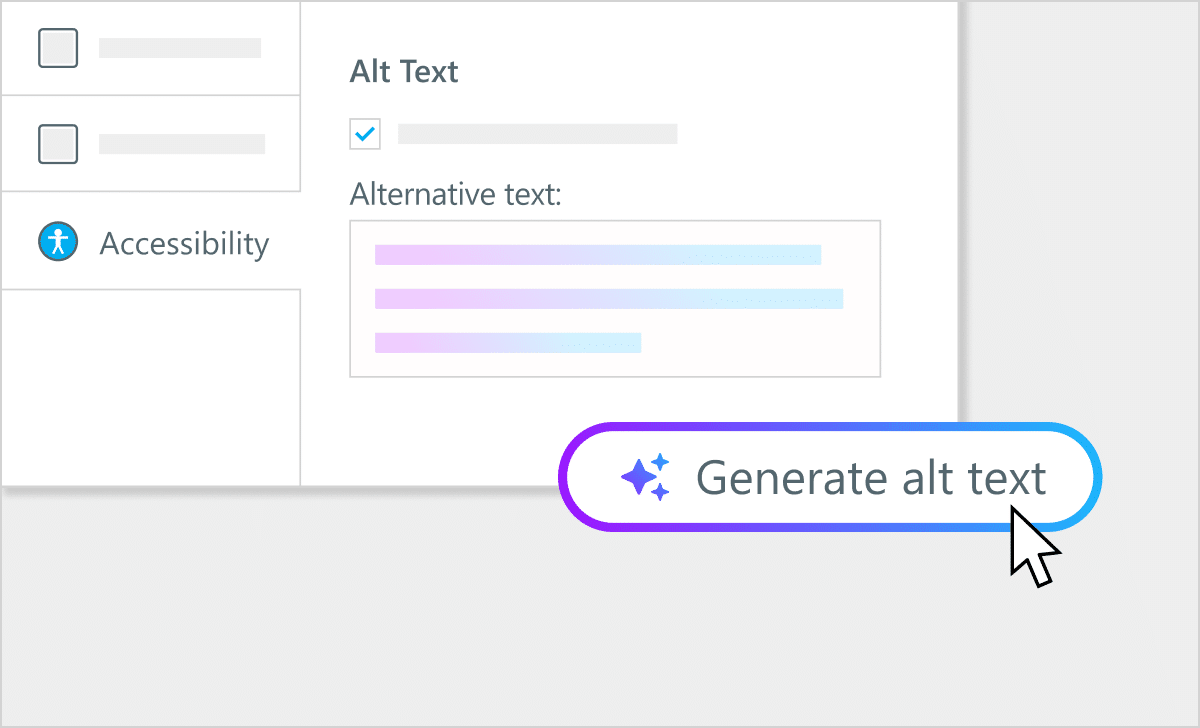 Illustration showing a cursor pressing the Generate alt text button to highlight that you can now automatically generate alt text for images.