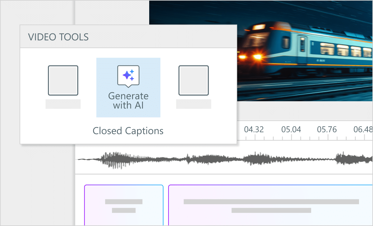 Illustration of the video tools panel with the Generate with AI button highlighted to show you can now automatically generate closed captioning.