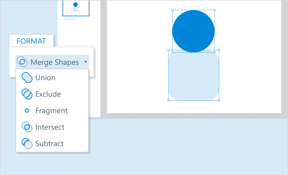 Illustration showing two overlapping shapes alongside a dropdown menu with the merge options: union, exclude, fragment, intersect, and subtract.