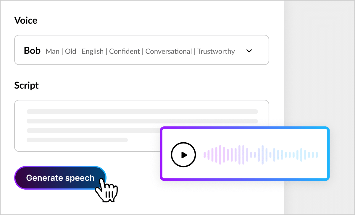 Illustration showing the AI Audio pop-up window in Rise, ready to AI-generate audio for your course by simply entering text.