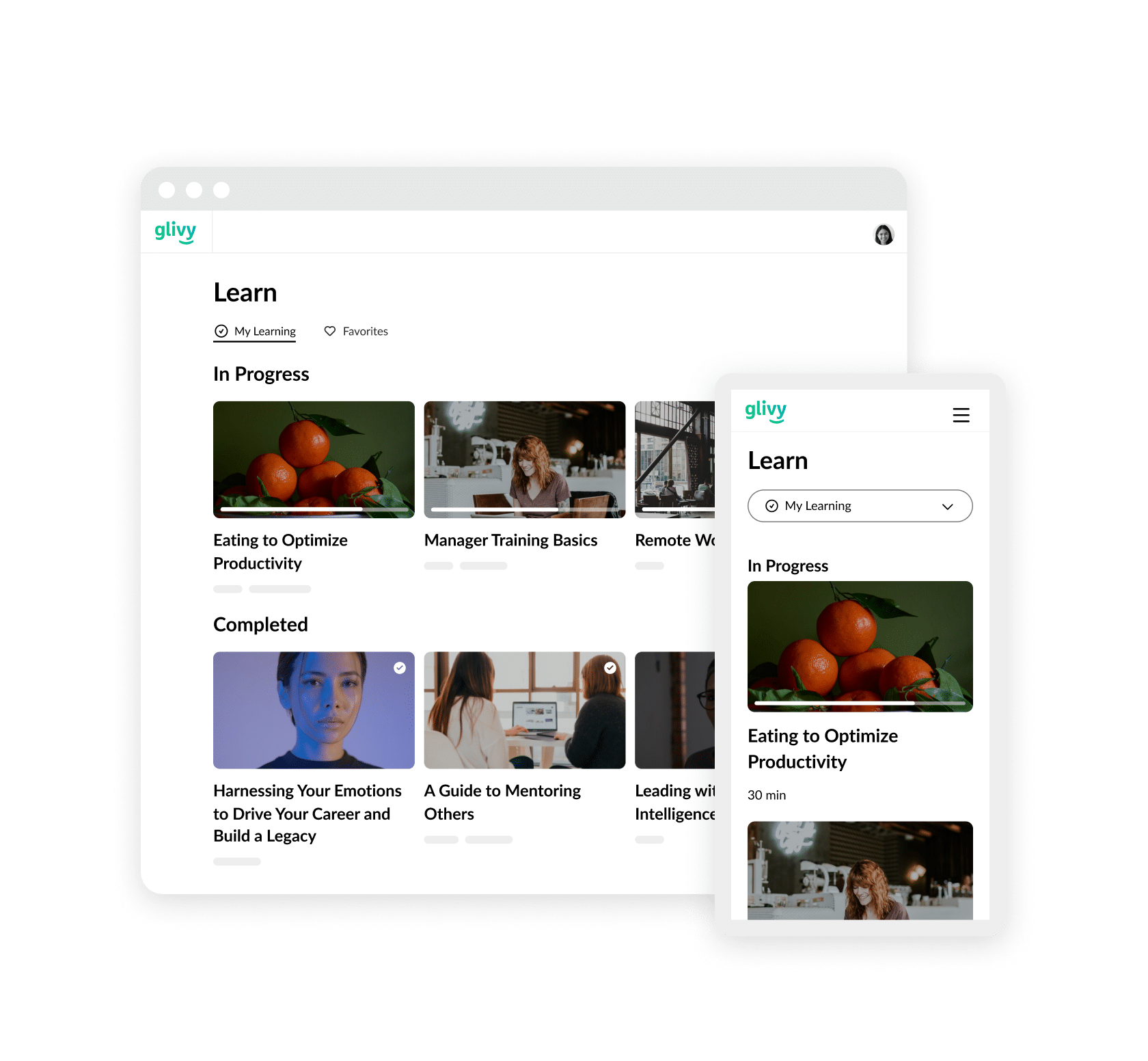 Side-by-side view of the Reach learner dashboard on desktop and mobile, showing courses currently in progress.