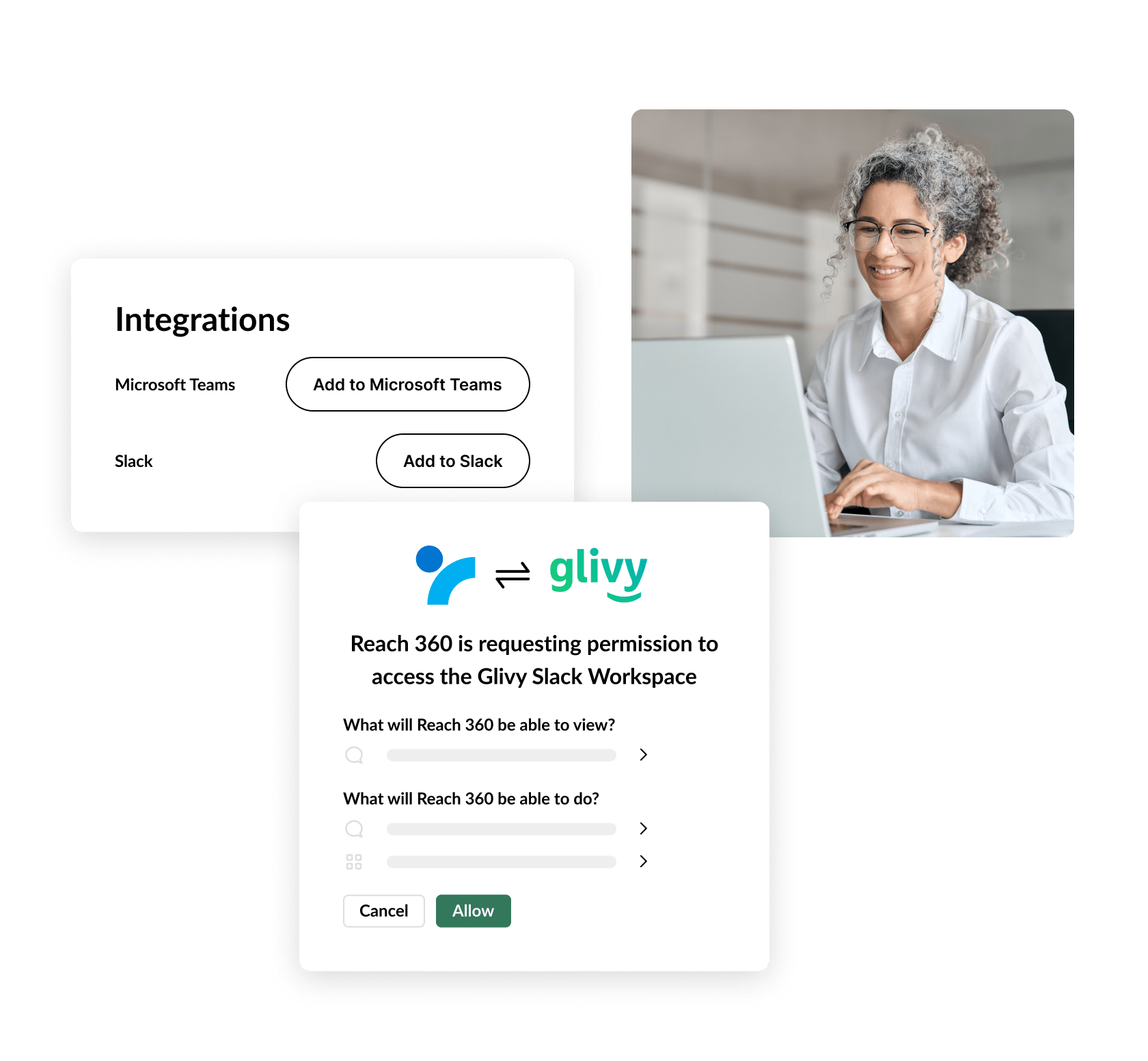 Reach admin smiling as they select the view and edit permissions settings for the Microsoft Teams and Slack integrations.