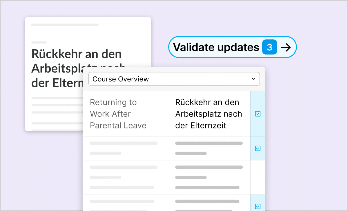 Illustration showing that validators can now view the number of changes made in a course since it was last translated and skip straight to them.