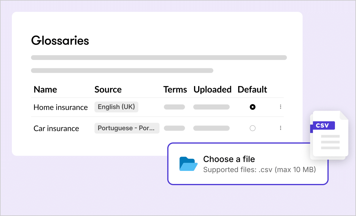 
Illustration showing glossaries for two different teams, each with a different source language, and an option to upload a 3rd glossary as a CSV file.