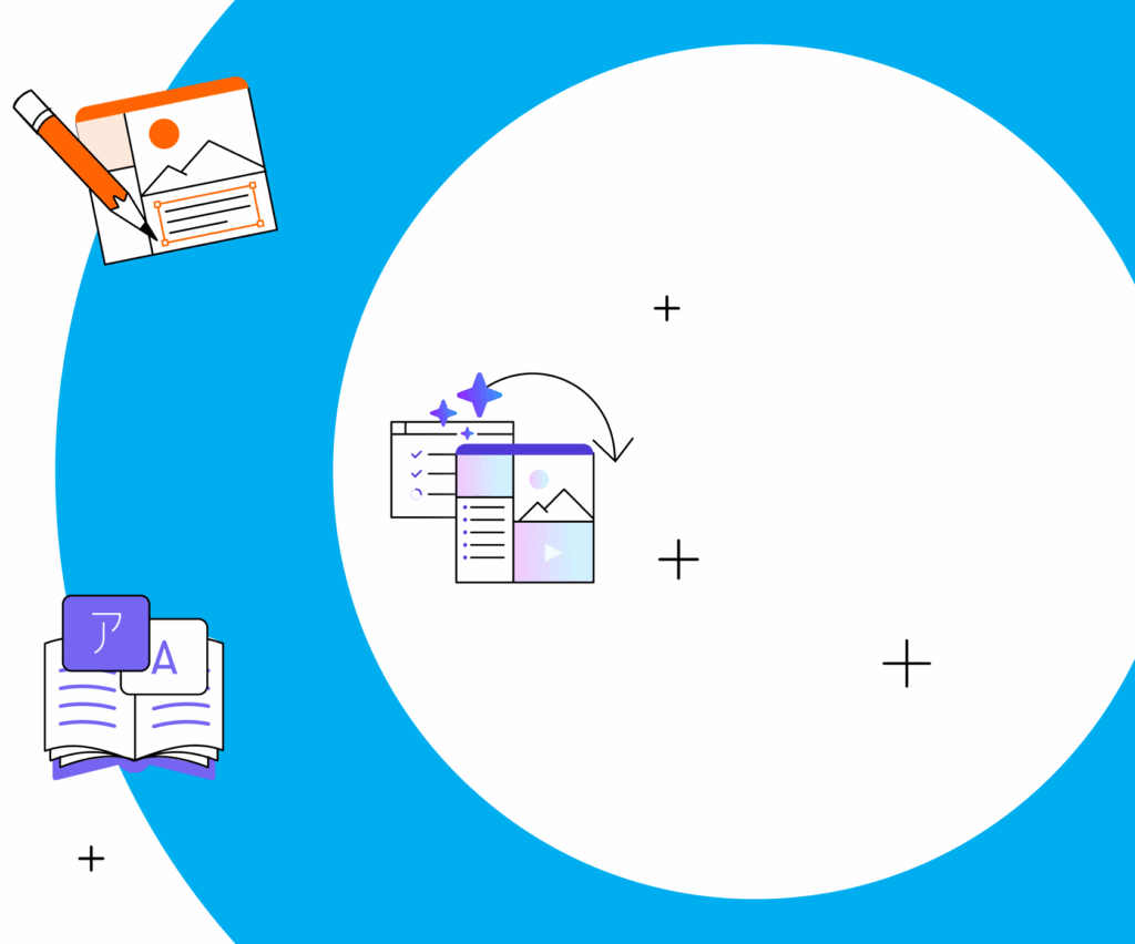 Illustration featuring block editing, course drafting and language icons to represent customization enhancements, course drafts and new language features.