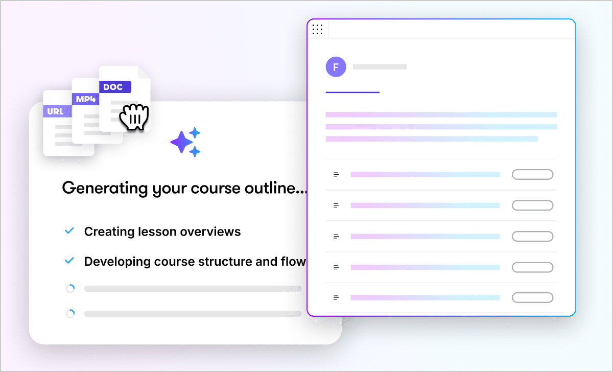 Illustration of the AI Course Draft screen in Rise.  A cursor drags source documents, showcasing that AI course draft generation is in progress.