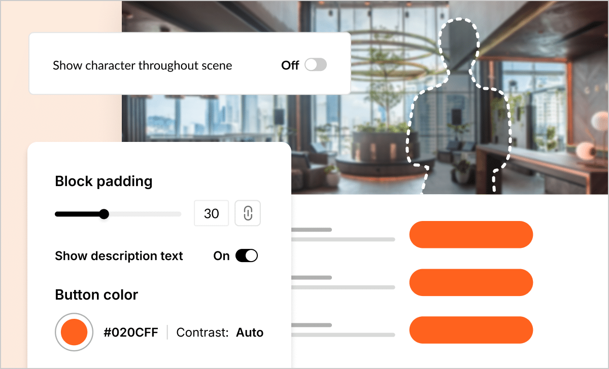 Illustration showcasing customization enhancements in Rise, highlighting options to toggle character visibility and change the button color.