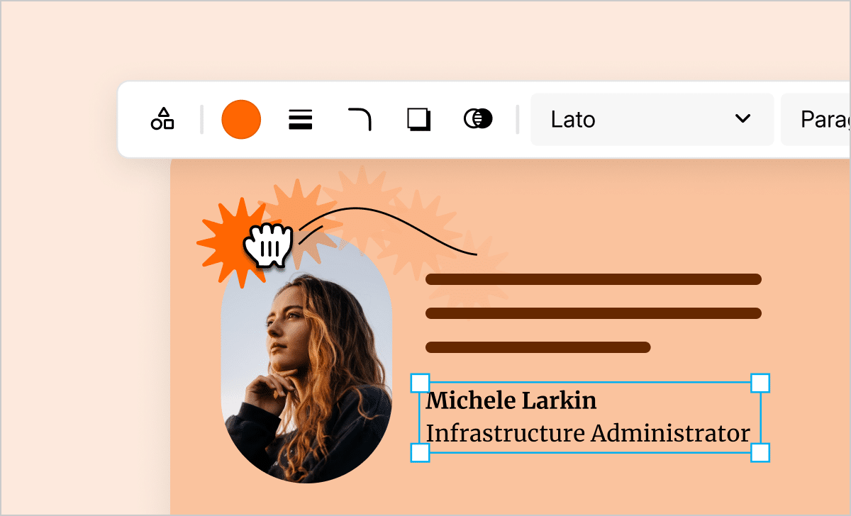 Illustration of a cursor dragging a sunburst shape to create a custom design in Rise, showcasing new block customization abilities. 