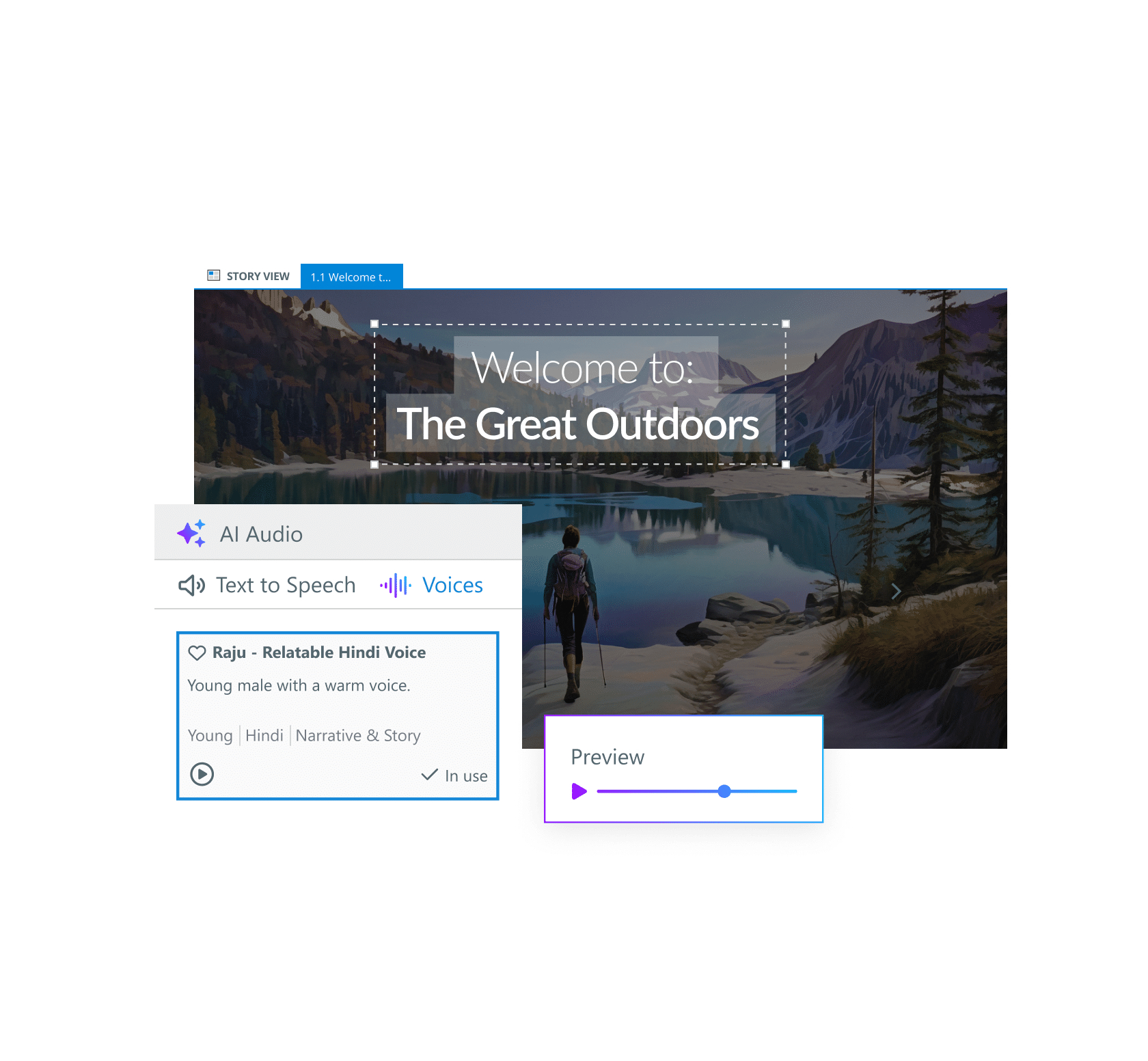 AI Assistant interface in Storyline showing that you can generate text-to-speech audio with AI.