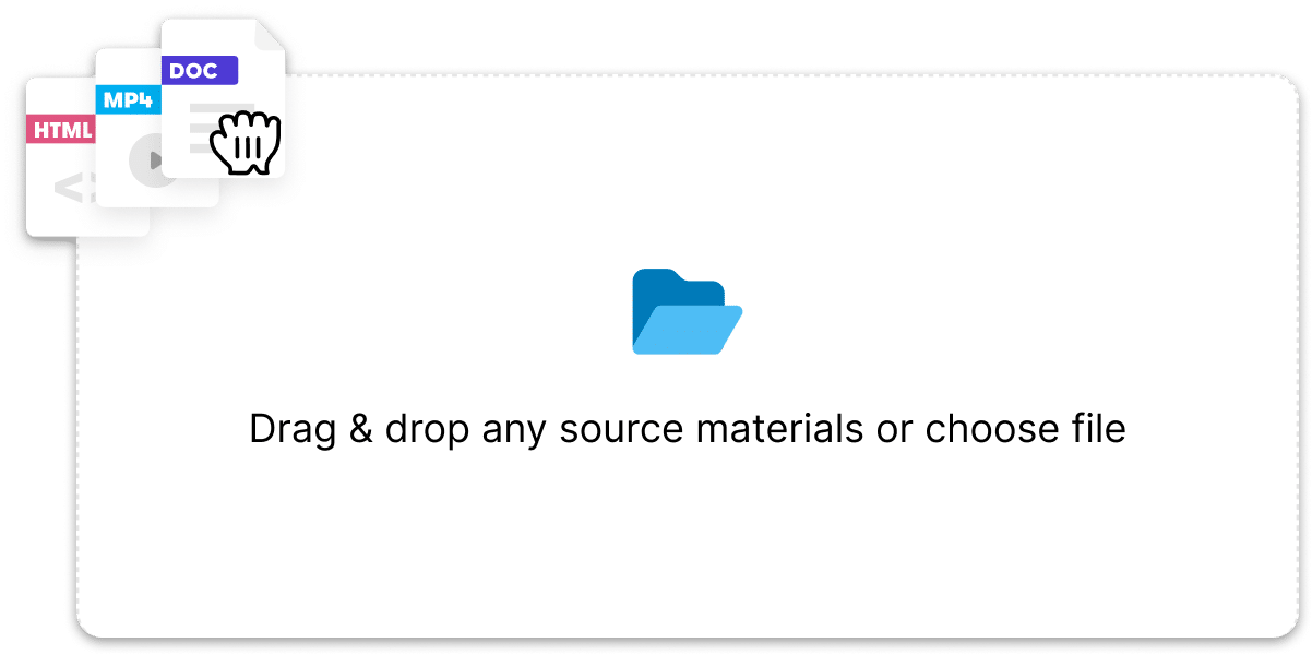 Articulate 360 interface showing the option to generate a course from source materials like HTML files, MP4 videos, and a Word documents.