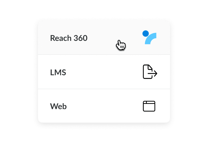 Rise interface showing the options to distribute training via Reach or export for LMS or web.