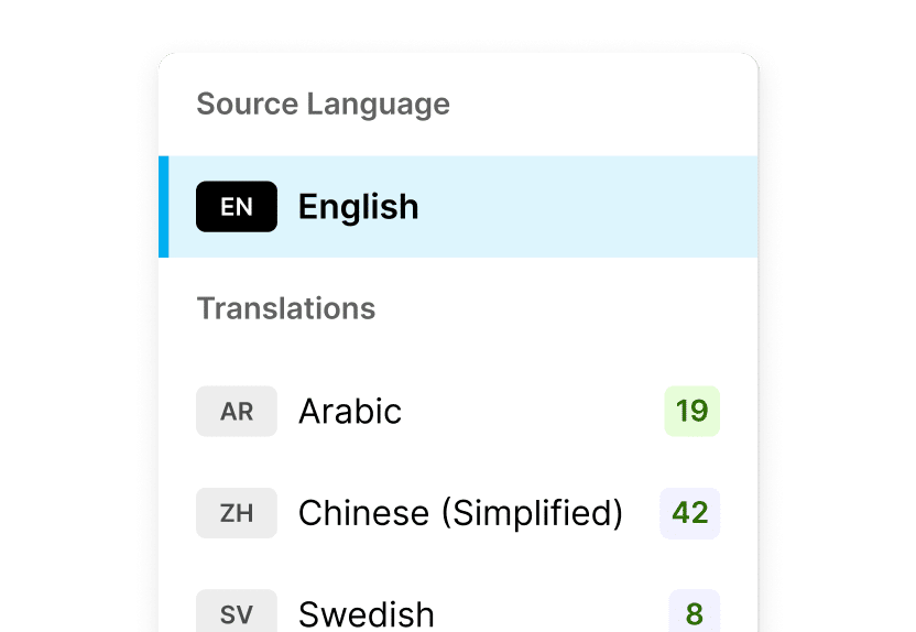Rise interface showing a course that was created in English and localized into Arabic, Chinese, and Swedish.