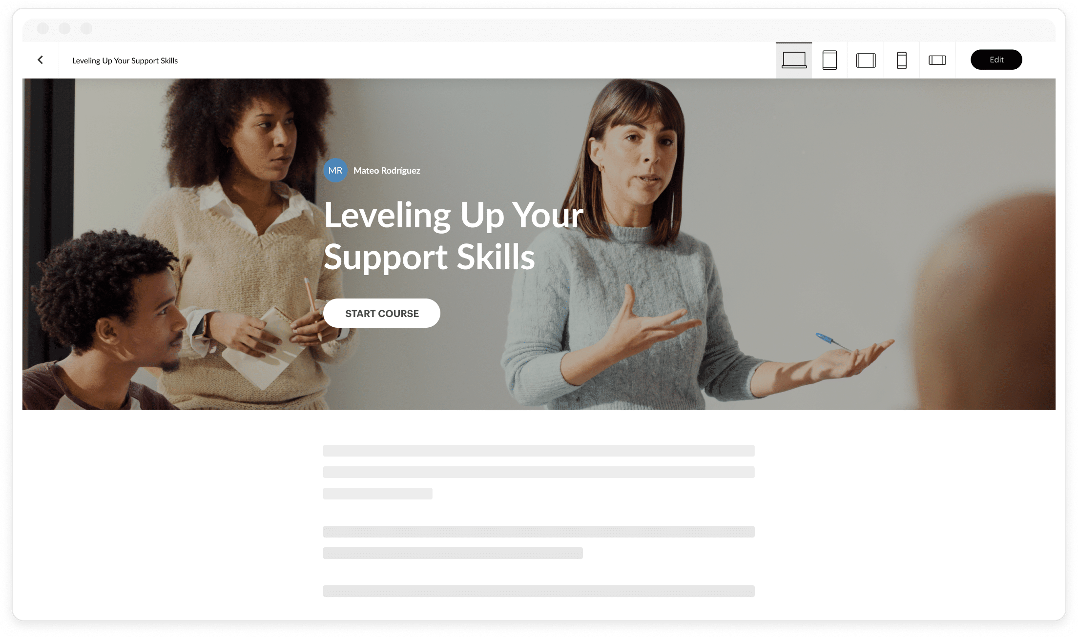An author looks at the desktop preview of a customer support course built with Articulate 360, showing how it automatically adapts to any screen size.