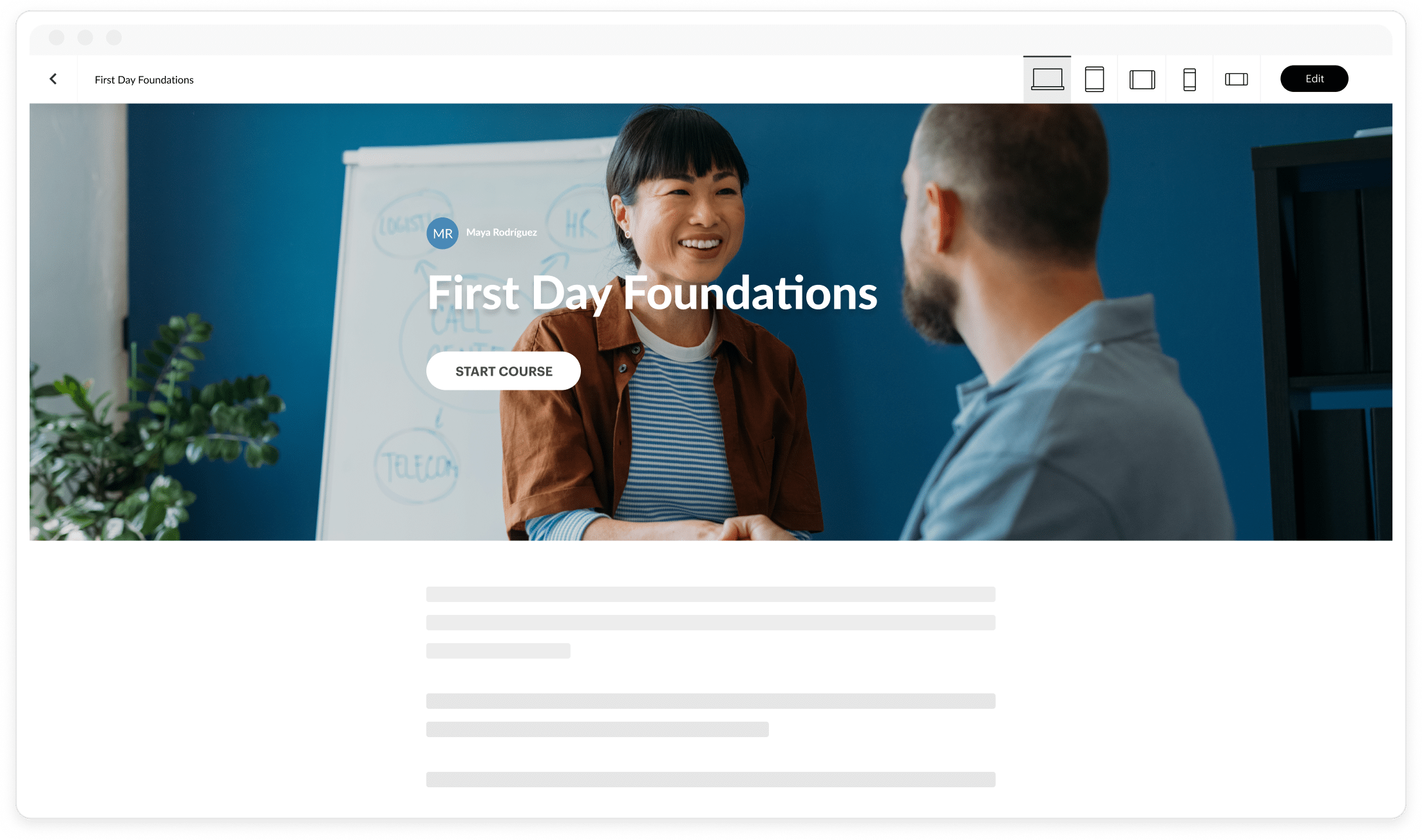 An author looks at the desktop preview of an onboarding course built with Articulate 360, showing how it automatically adapts to any screen size.