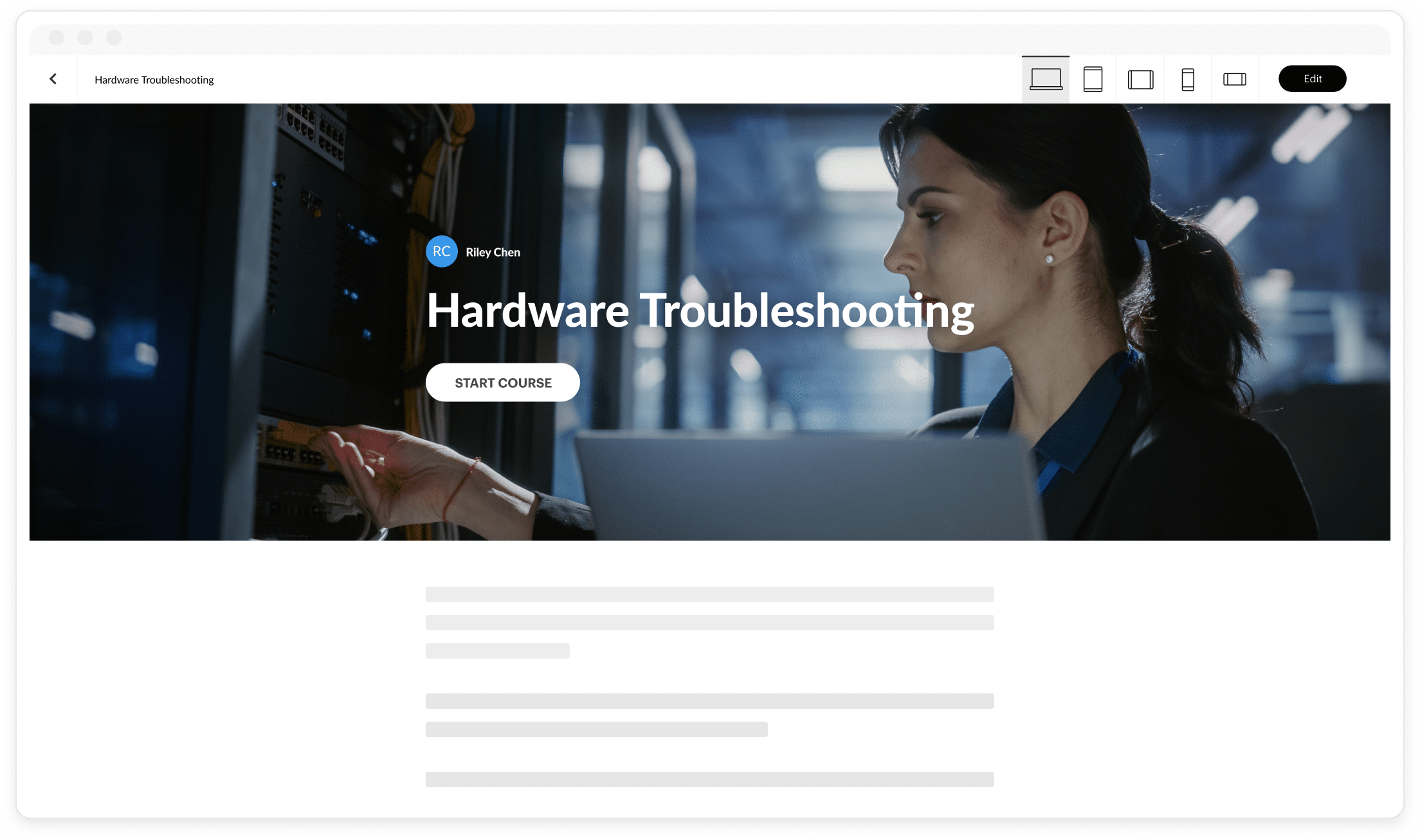 An author looks at the desktop preview of a troubleshooting course built with Articulate 360, showing how it automatically adapts to any screen size.