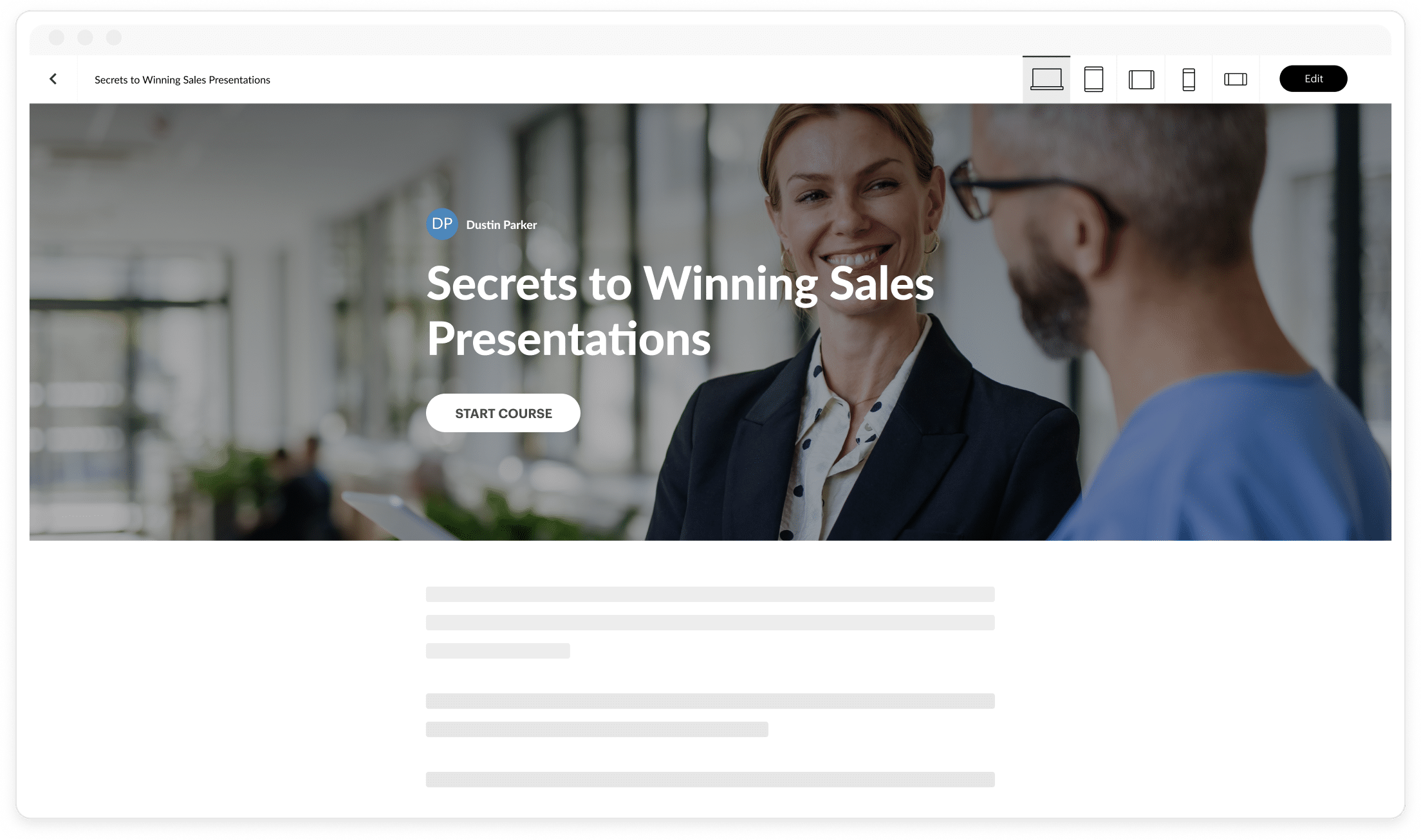 An author looks at the desktop preview of a sales training course built with Articulate 360, showing how it automatically adapts to any screen size.