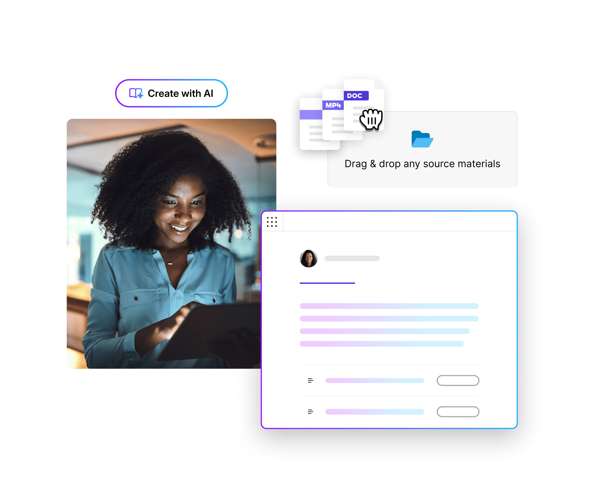 A composite graphic includes a woman using a computer, a graphic representing dragging a variety of file types into a folder called source materials and AI Assistant beginning to build the course draft with AI