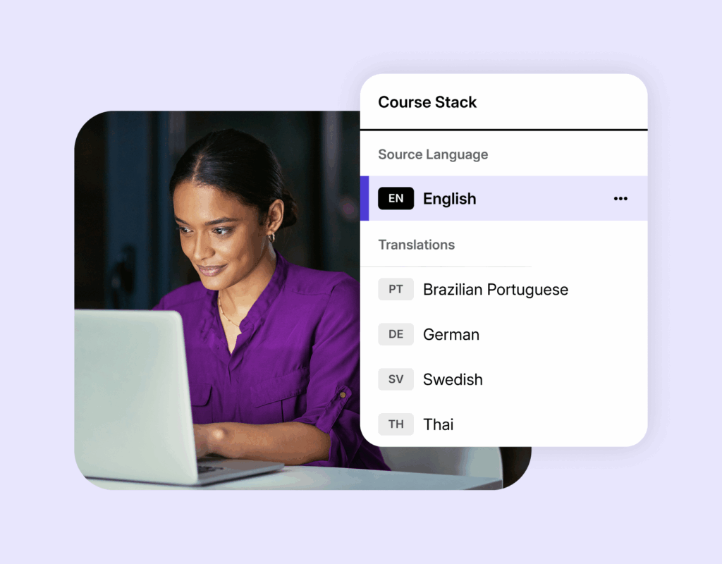 Woman sitting in front of laptop, looking at translations menu.