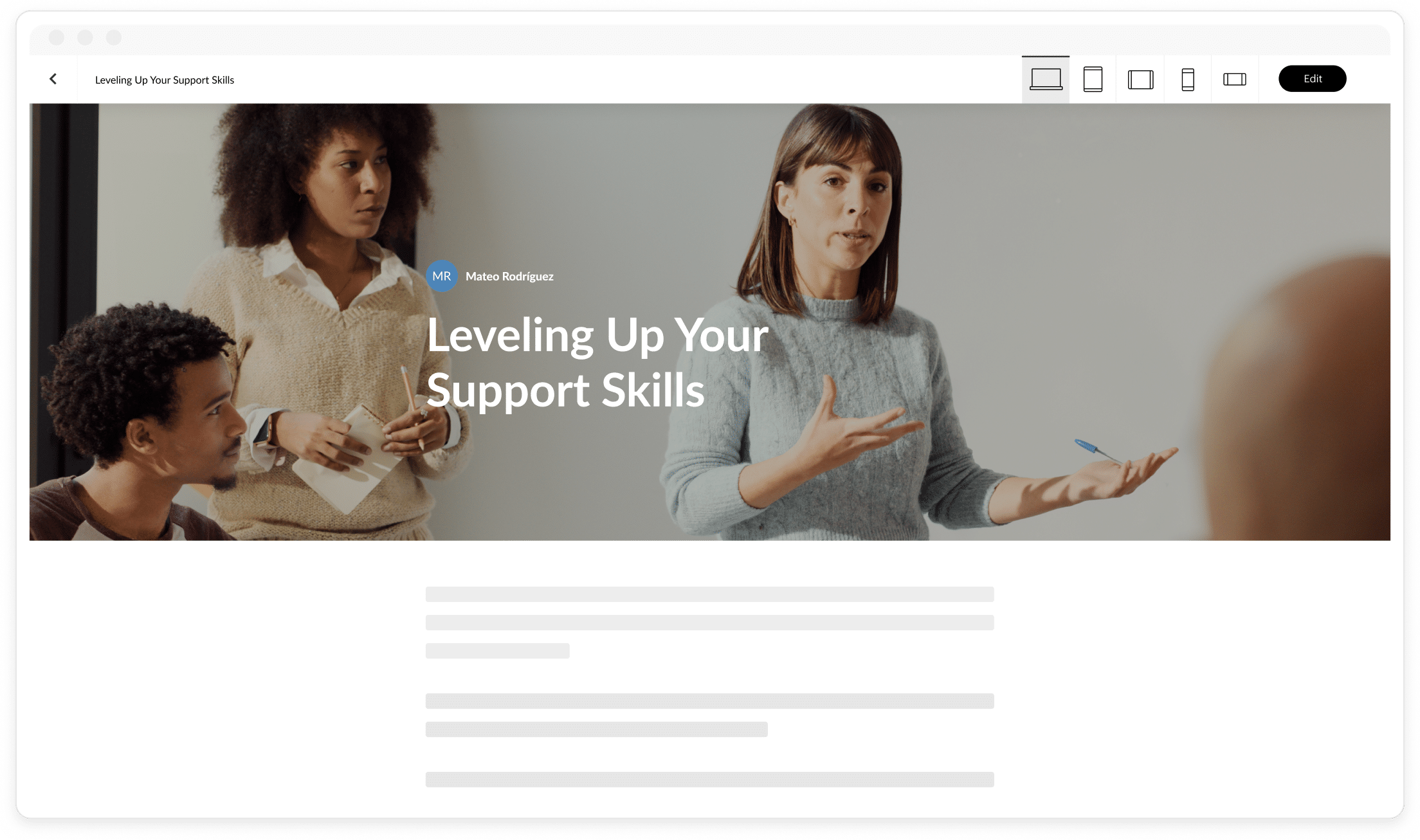 An author looks at the desktop preview of a customer support course built with Articulate 360, showing how it automatically adapts to any screen size.