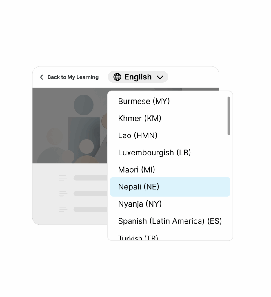 User interface showing the option to translate into languages like Burmese, Khmer, Lao, Luxembourgish, Maori, Nepali, Nyanja, Spanish, and Turkish.