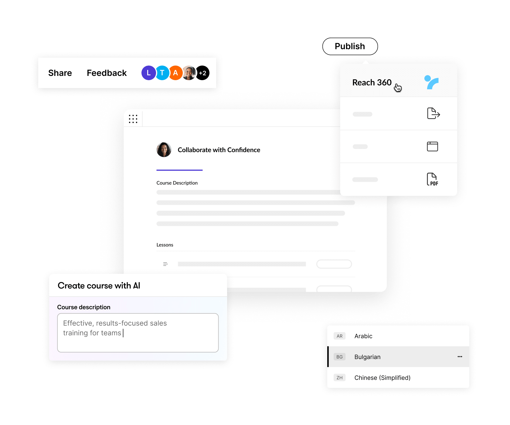 Articulate 360 interface showing that you can create a course with AI, translate it, gather feedback, and share it with learners.
