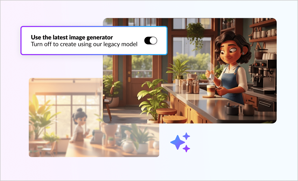 Articulate 360 interface showing our enhanced AI image generator on top of the legacy version, and the option to toggle between the two.