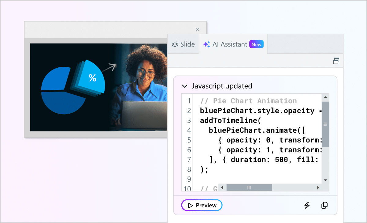Articulate 360 interface showing some JavaScript code a user generated with AI Assistant to animate a pie chart.