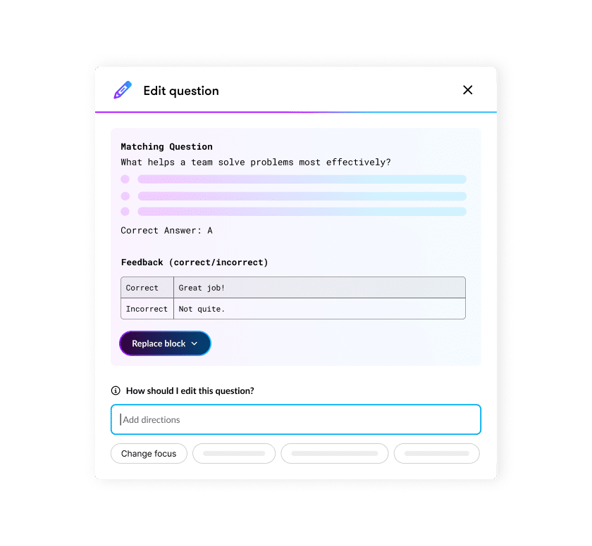 Articulate 360 interface showing that you can use AI to generate quiz questions, feedback, and scoring from existing course content.