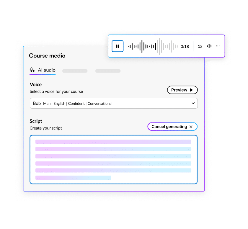 Articulate 360 interface showing that you can use AI to generate audio narration by selecting a voice and entering your script.