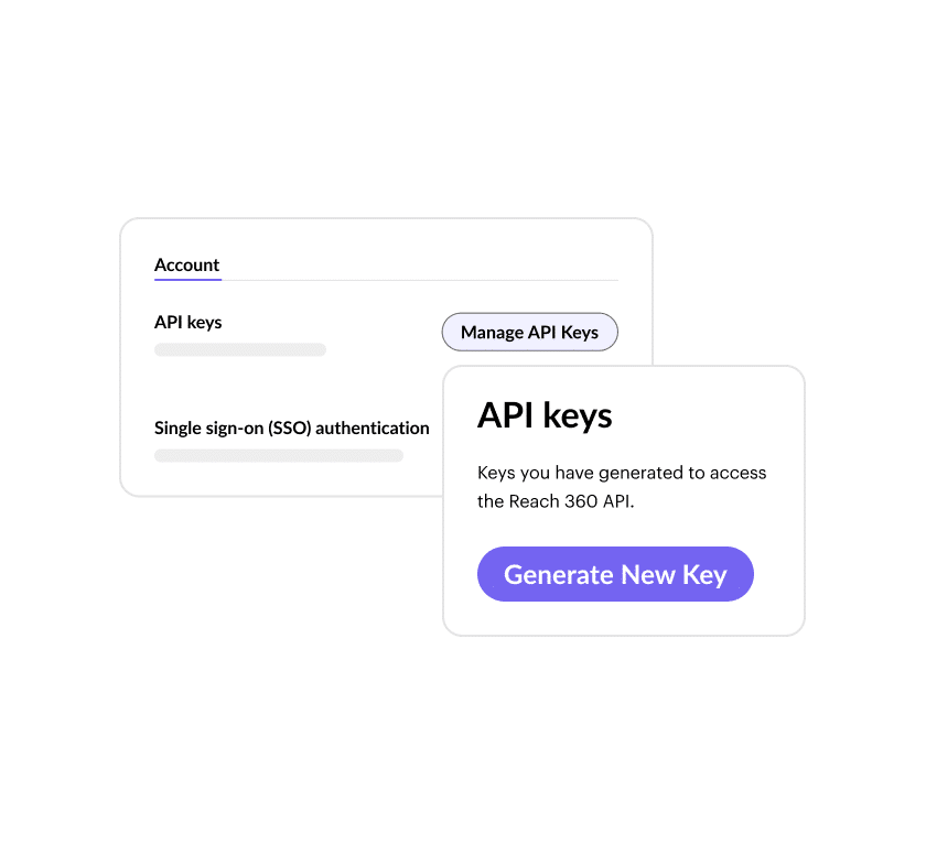Articulate 360 interface showing that you can ensure API integrations are secure by regenerating API keys and configuring single sign-on (SSO).