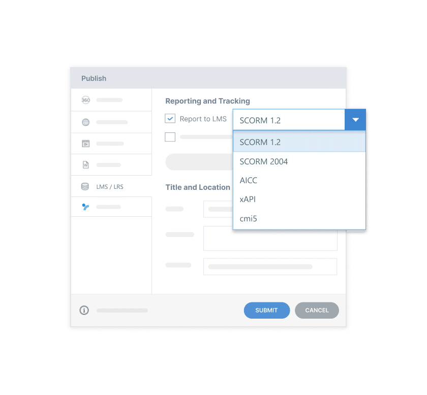 Articulate 360 interface showing that you can export a course for LMS delivery using SCORM, AICC, cmi5, or xAPI formats.