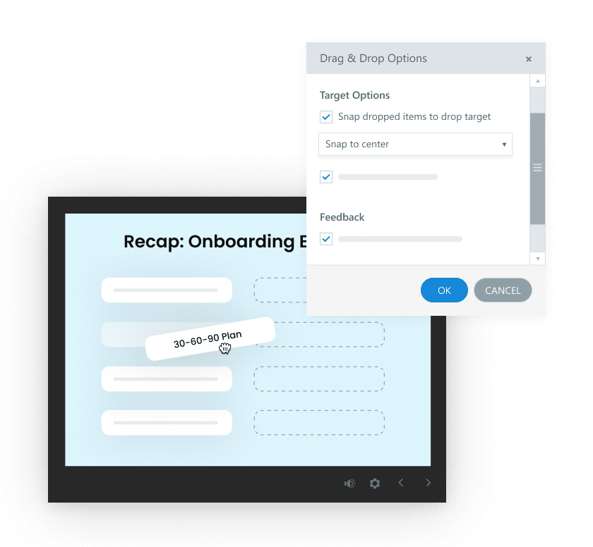 Articulate 360 interface showing that you can configure drag-and-drop behavior, such as snapping items to a target’s center.