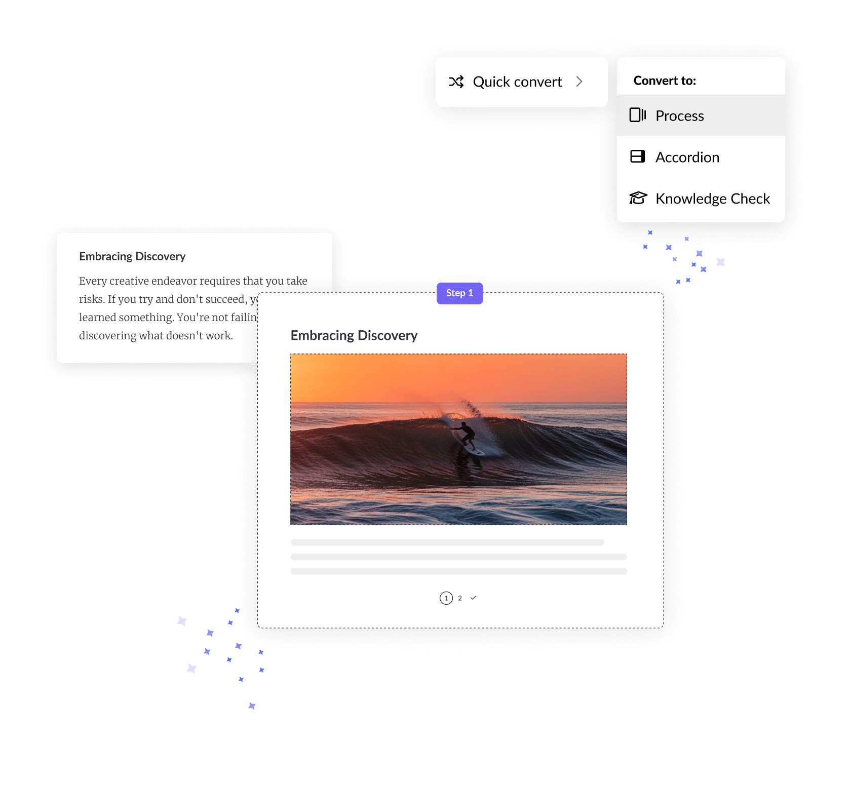 Articulate 360 interface showing that you can convert a flashcard block into a process block with AI in one click.