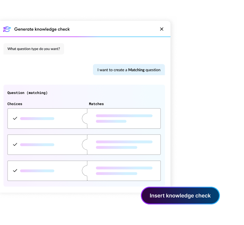 Articulate 360 interface showing that you can use AI to generate a matching knowledge check question.