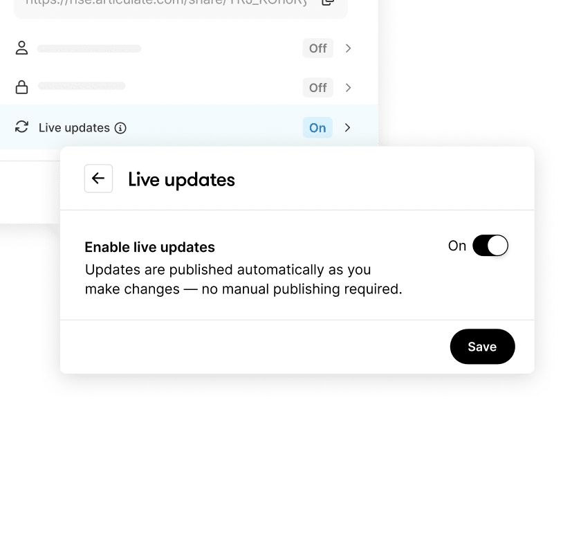 Articulate 360 interface showing that you can choose whether Quick Share learners see course updates automatically or only after republishing.