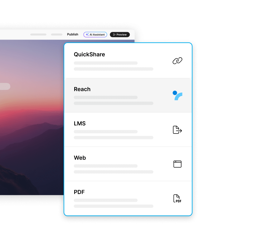 Articulate 360 interface showing that you can publish directly to Reach, or export for LMS, web, and PDF options.