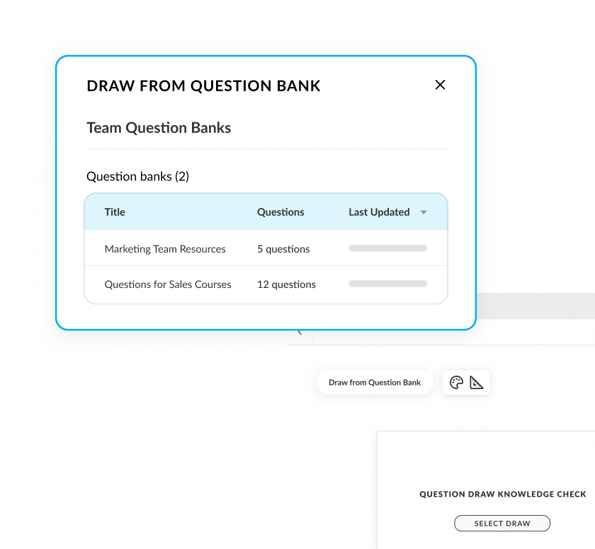 Articulate 360 interface showing that you can choose from shared team question banks to build randomized assessments.