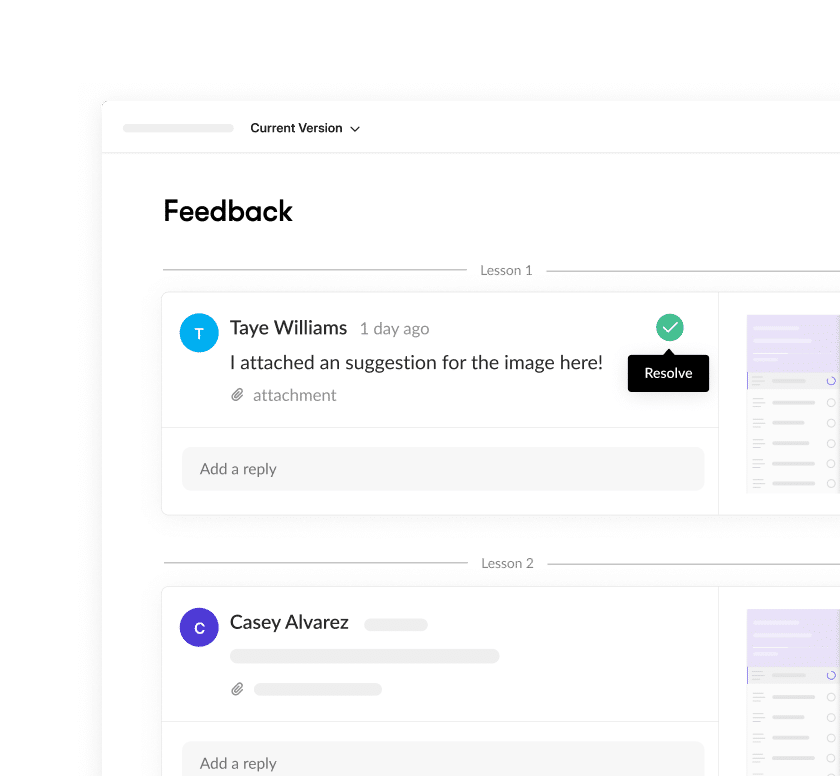 Articulate 360 interface showing that you can reply to feedback and mark comments as resolved.