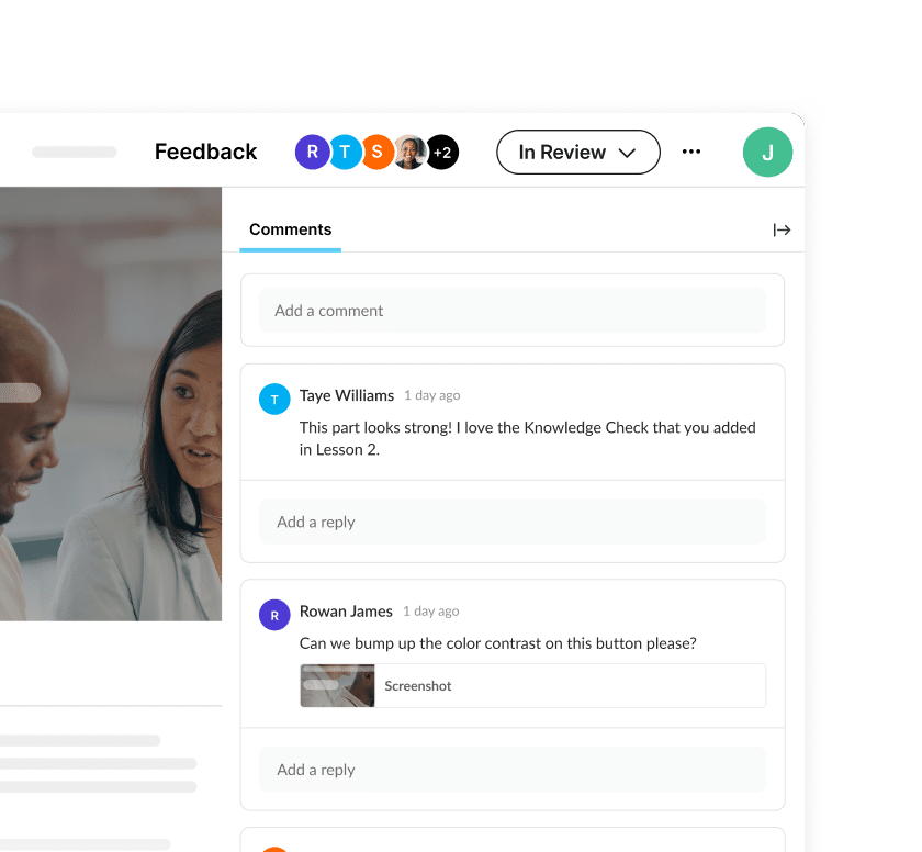 Articulate 360 interface showing that reviewer comments appear next to the specific lesson or slide they reference.