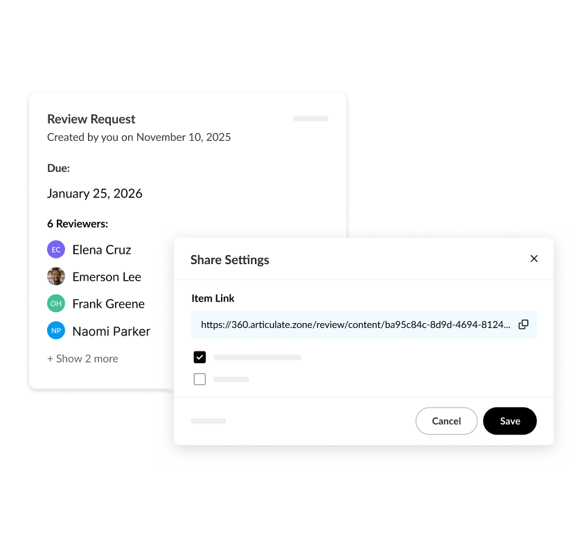 Articulate 360 interface showing that you can request stakeholder review and assign a due date directly in the app or by sending a link via email.