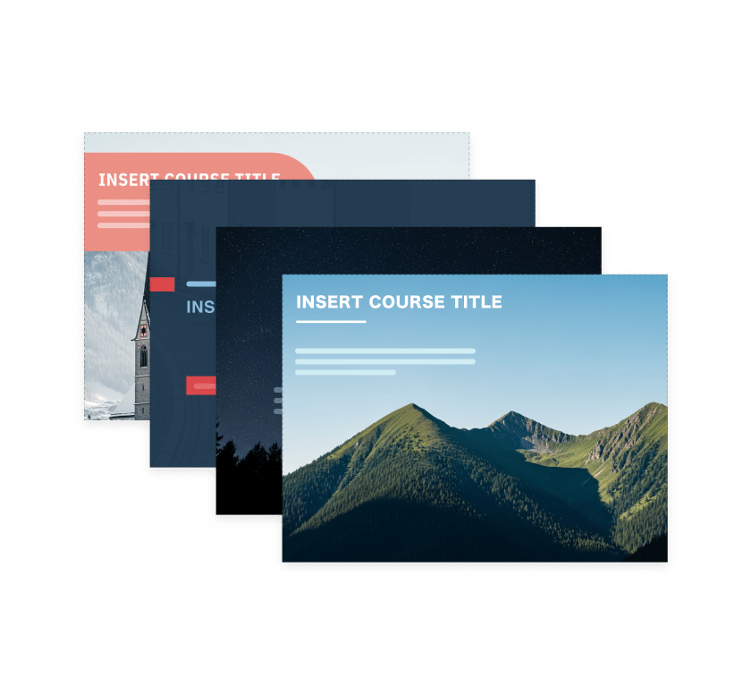 Four slides with different colors, images, and styles to showcase the variety of templates available in Articulate 360.
