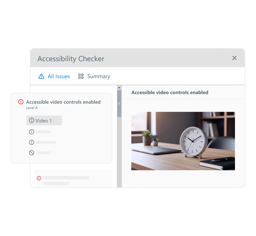 Articulate 360 interface showing that the accessibility checker flags issues, such as disabled video controls, before you publish.