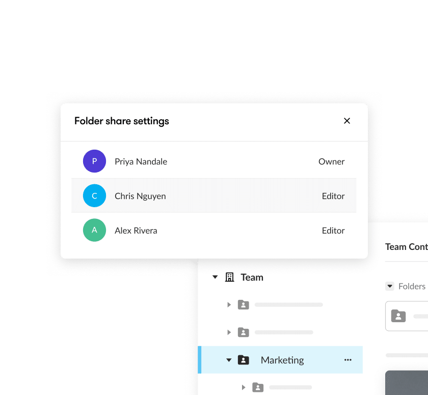 Articulate 360 interface showing how you can organize courses into folders and assign users different permission levels, like owner or editor.