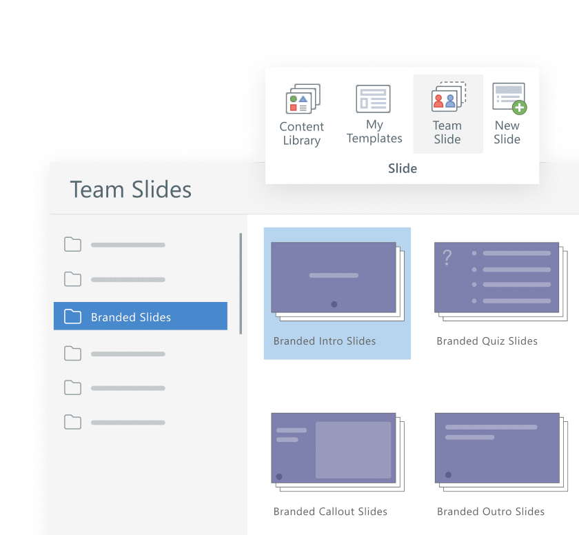 Articulate 360 interface showing that you can share branded slide templates with your team to ensure consistent course design.